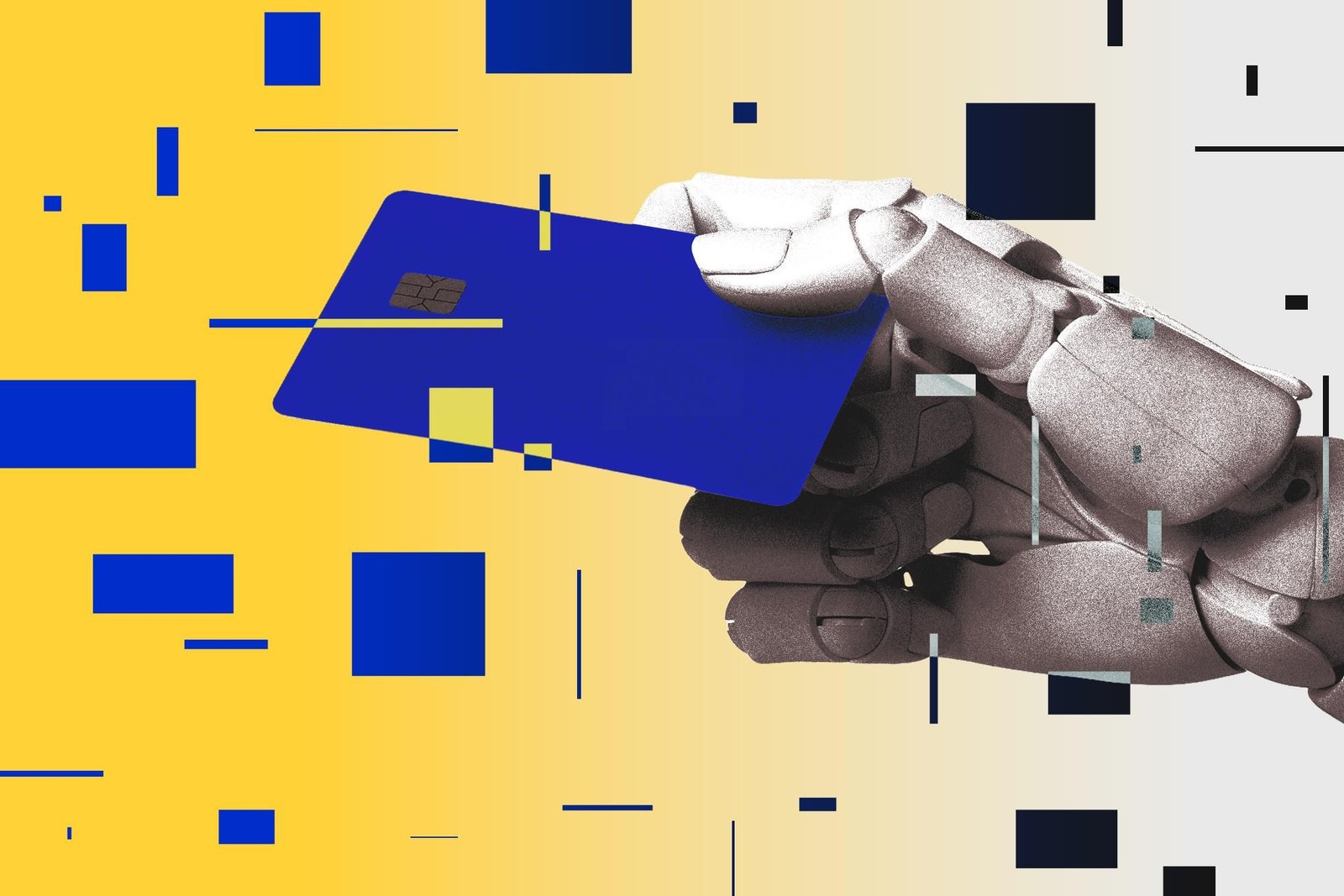 Robotic hand holding a credit card.