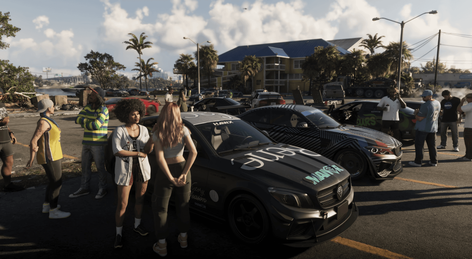 A screenshot from the Grand Theft Auto VI Netflix special showing a crowd around parked cars