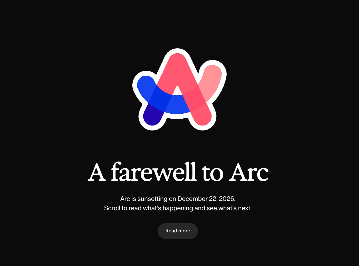 An image of the top of Arc’s homepage shows the company’s logo with “A farewell to Arc” below it. 