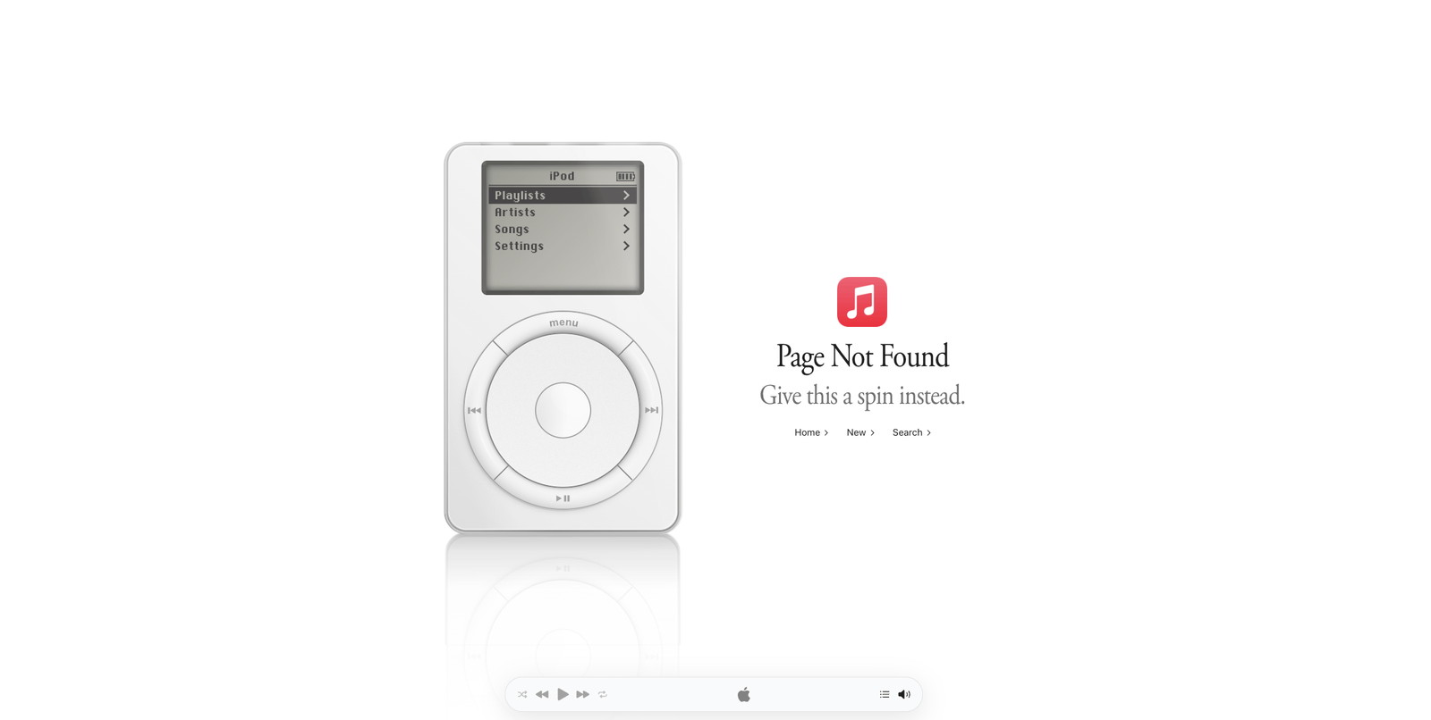 An Apple Music 404 page showing an interactive first-generation iPod