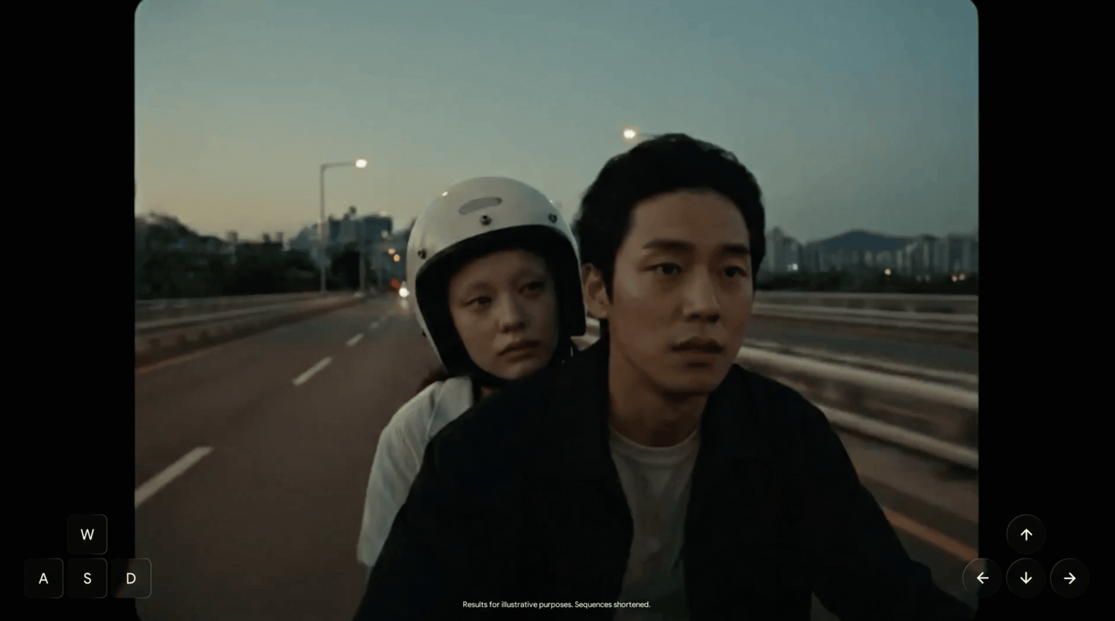 A screen capture from a video created by Google’s Genie 4 world model shows a close-up angle of two people riding a motorcycle.