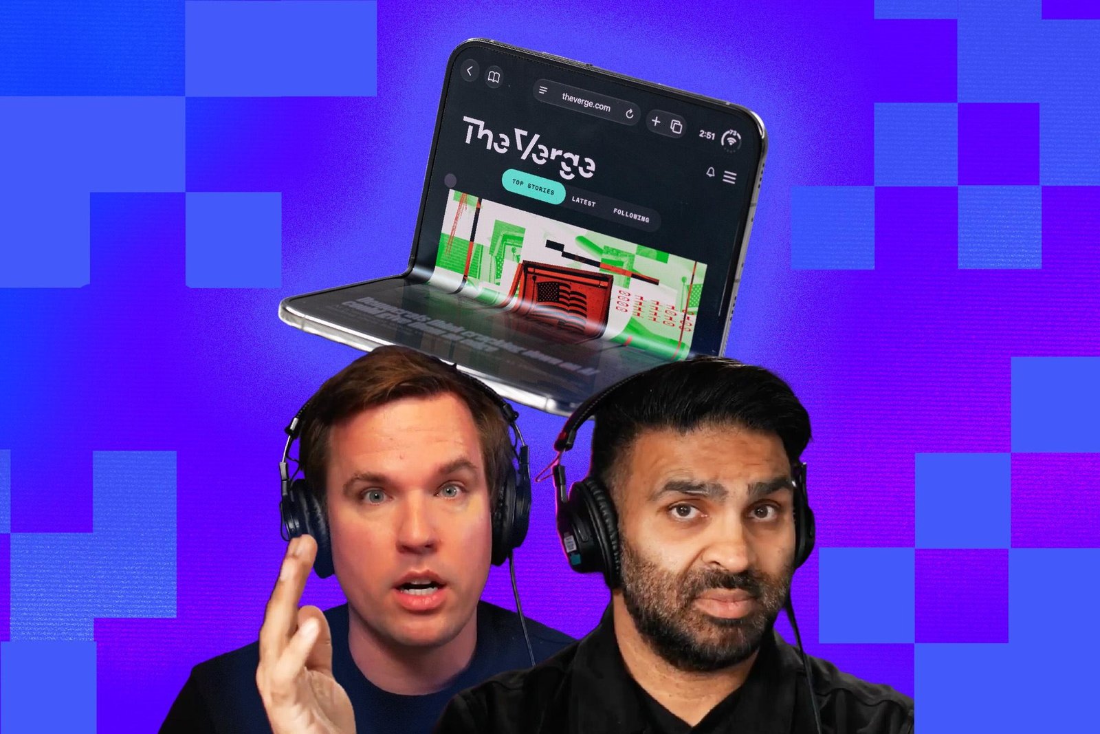 Vergecast hosts David Pierce and Nilay Patel are pictured with an iPhone Duo.