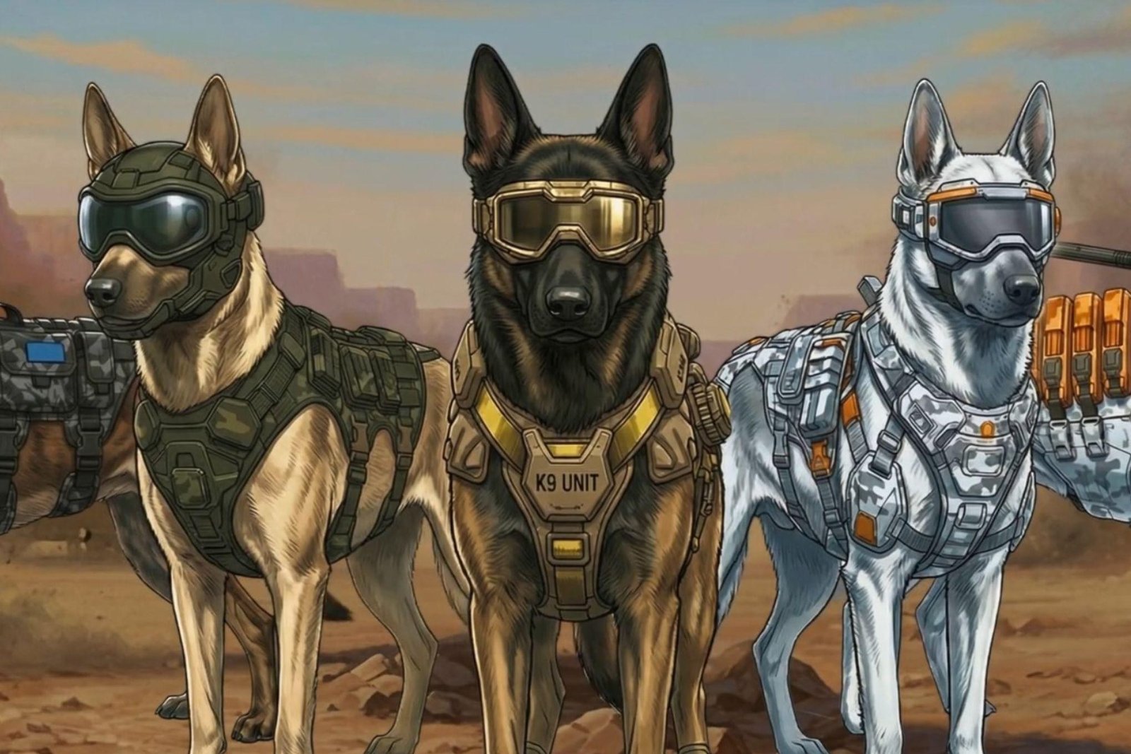 A screenshot taken form the Warhound website banner. showing dogs equipped with military tech.