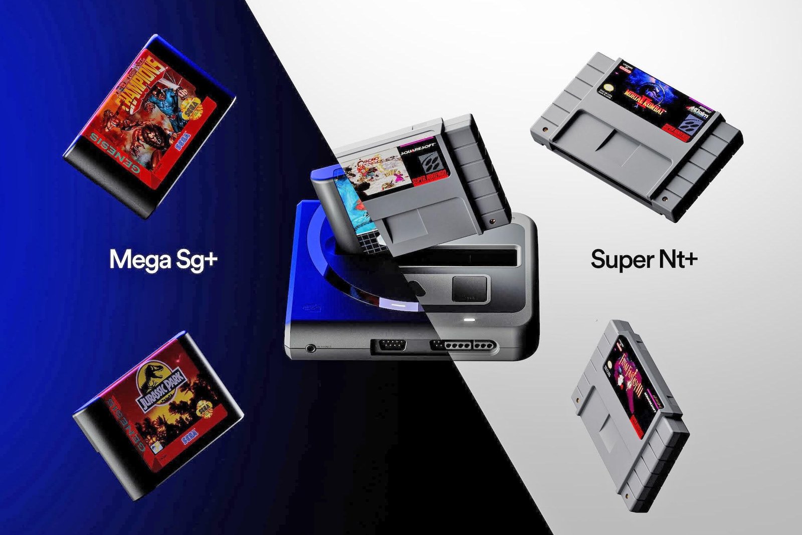 A split image showing the Analogue Super Nt Plus and Mega Sg Plus consoles with cartridges floating around them.