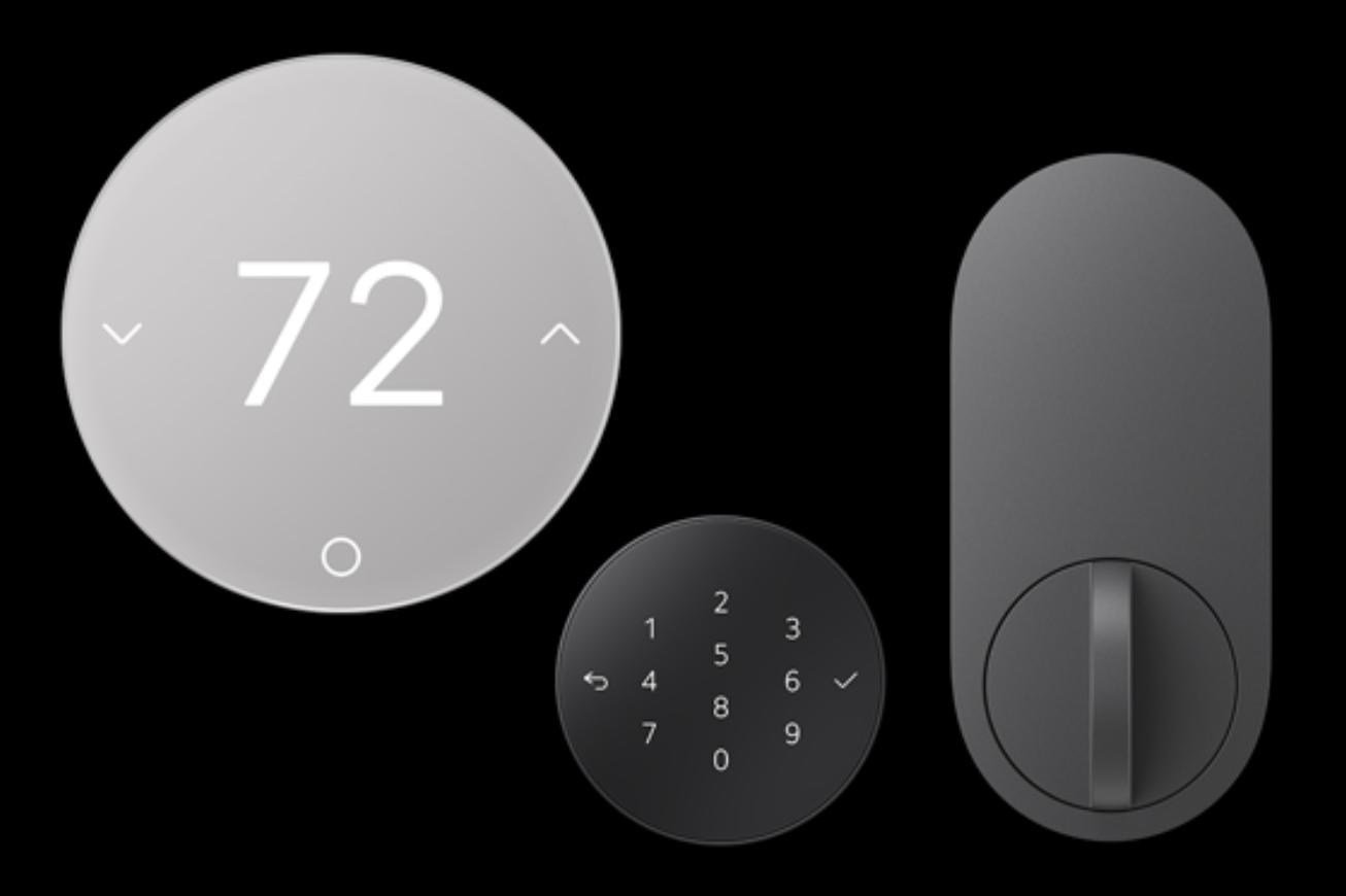 Renders of a smart deadbolt lock and thermostat by LG for Apple.