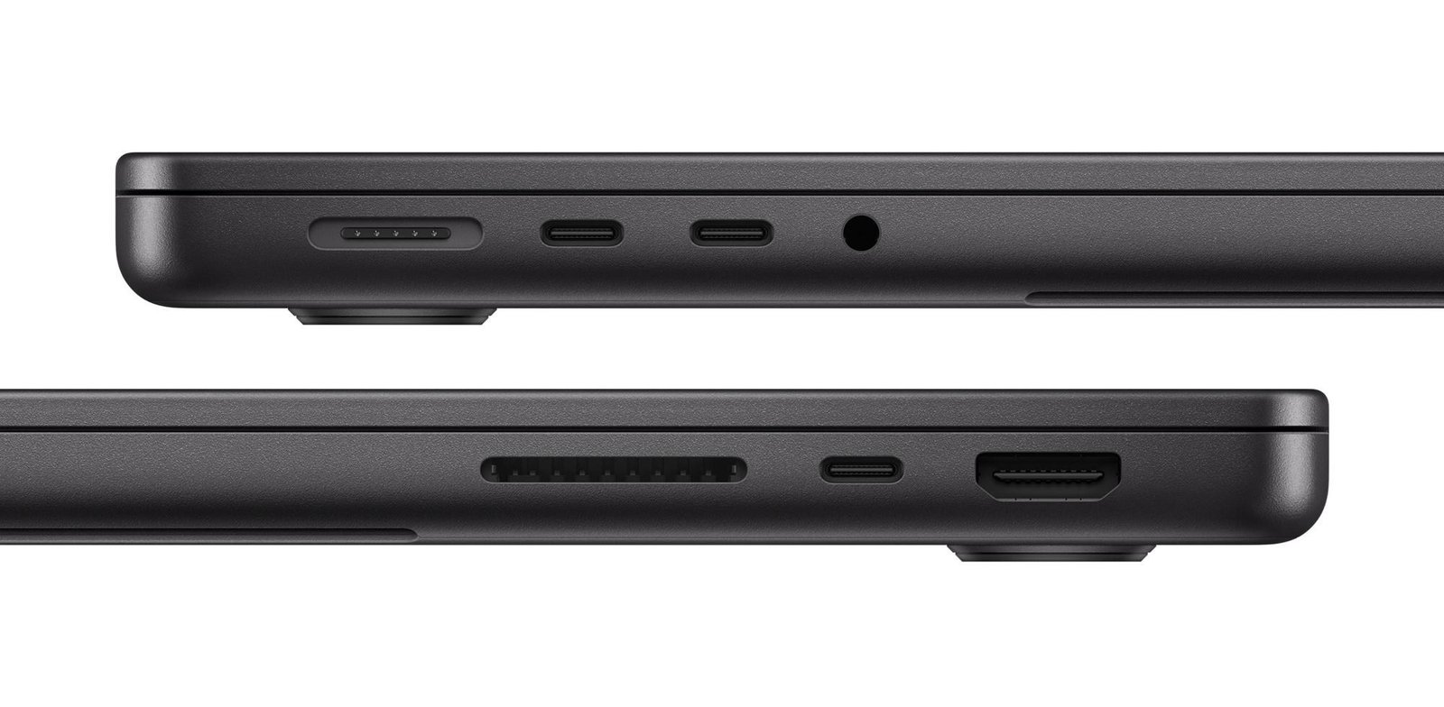 Close-ups of the left and right sides of the new MacBook Pro showing its various ports.