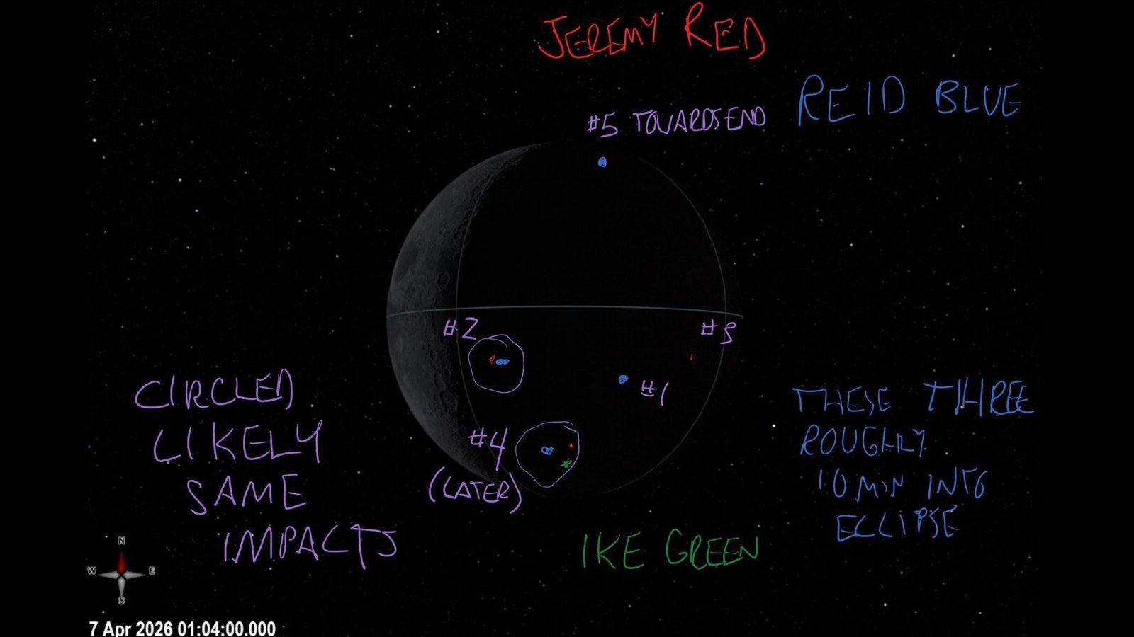 Crew annotated image of where impact flashes were spotted on the dark side of the Moon.