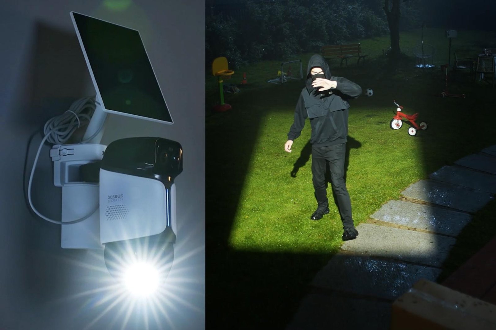 Two images showing the spotlight on the Baseus U2 Pro security camera illuminating an intruder.