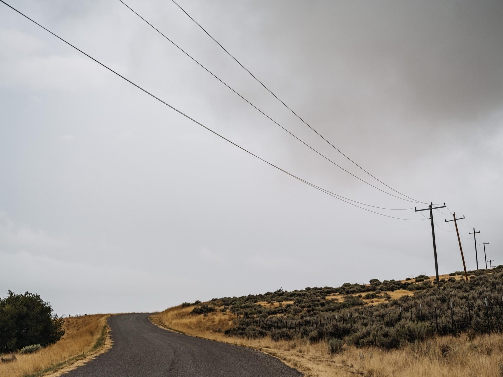 Scene of a rural road with overlapping power lines.