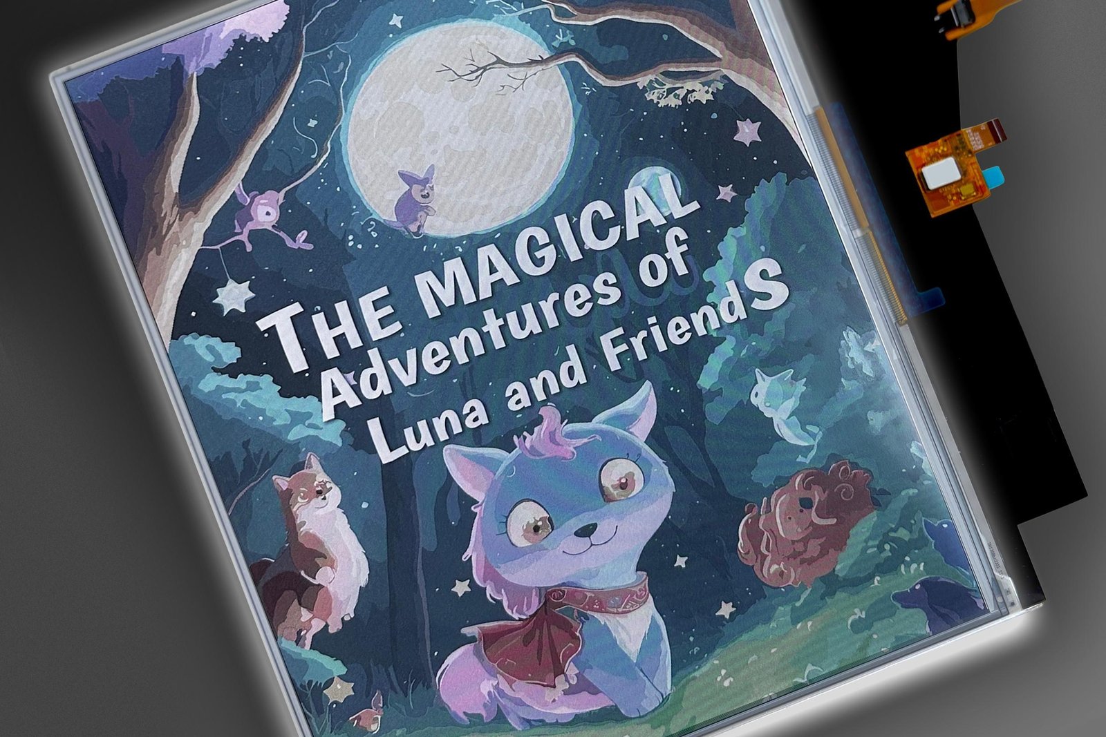 A close-up of an E Ink Kaleido 4 display panel with electronics attached showing the cover of a children’s book.