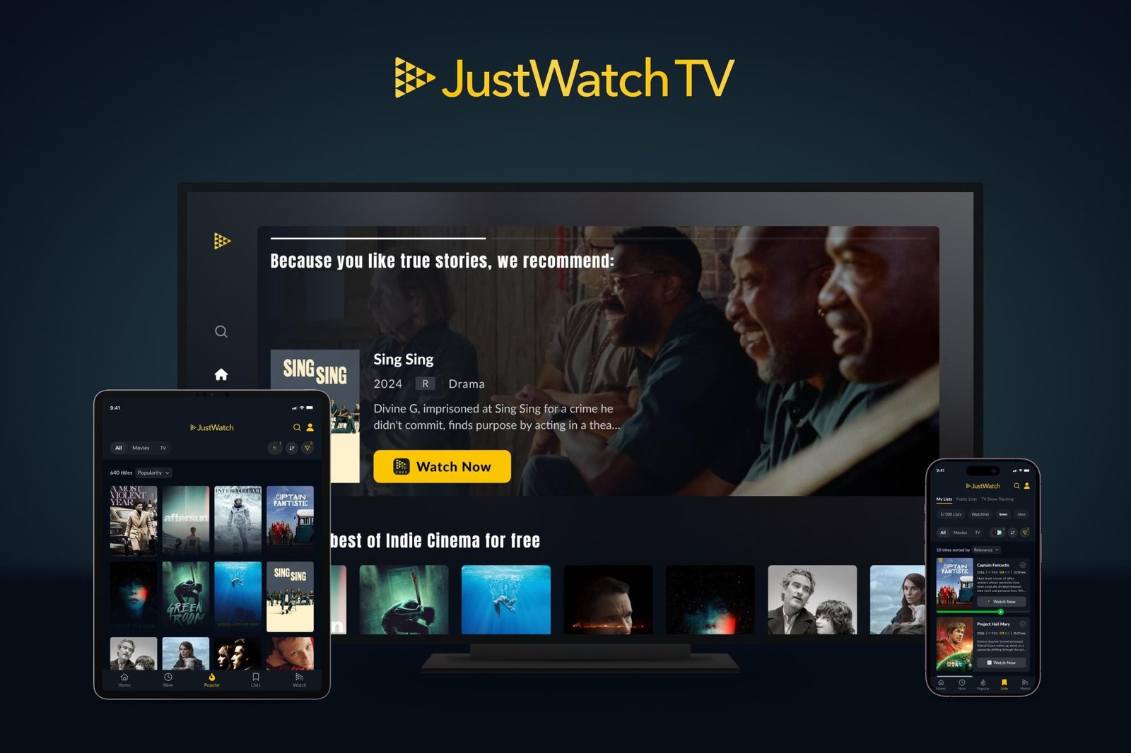 Several different mobile devices and a TV showing the JustWatch TV interface on screen.