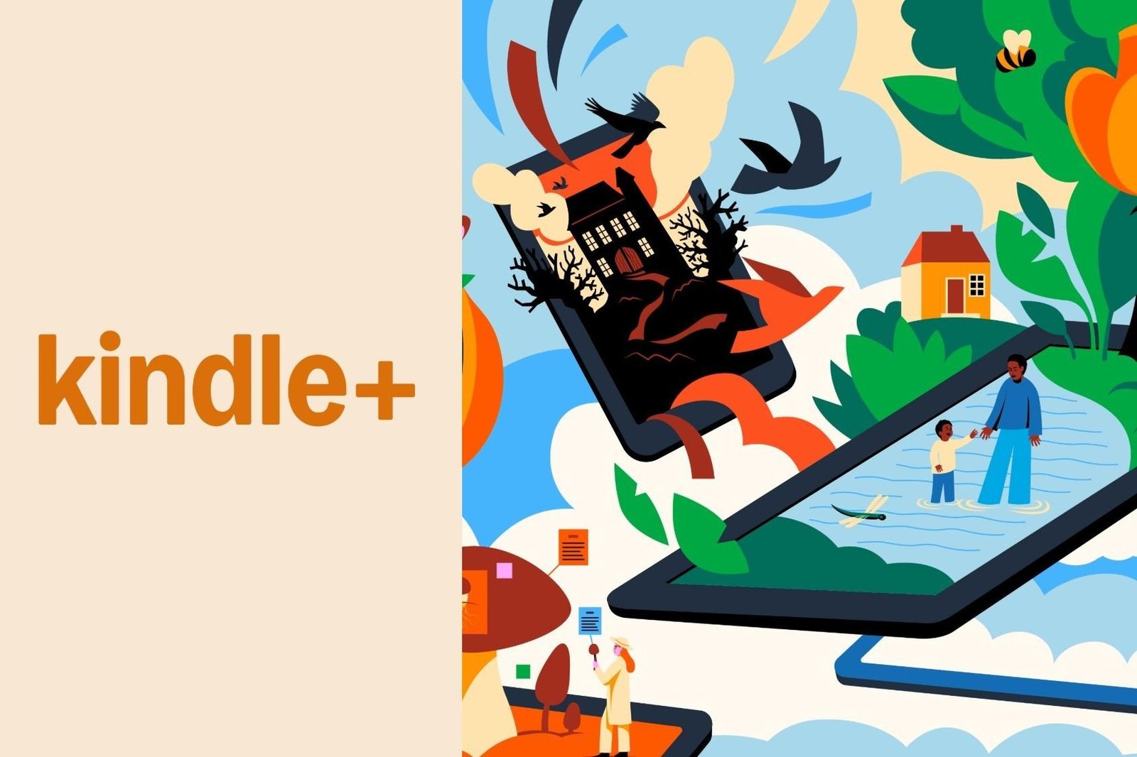 An illustration for Amazon’s Kindle Plus subscription service.