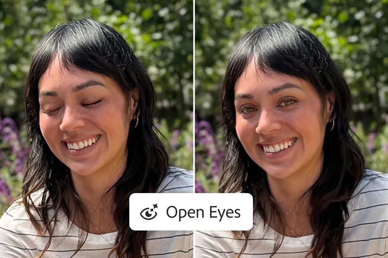 A before and after photo showing open eyes added to a photo of a person with their eyes closed.