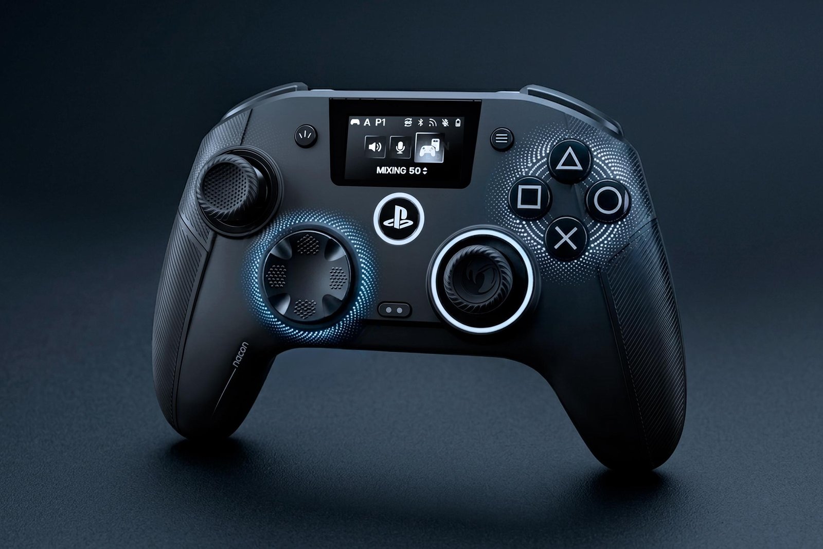The Nacon Revolution 5 Unlimited PS5 controller on a gradient backdrop.