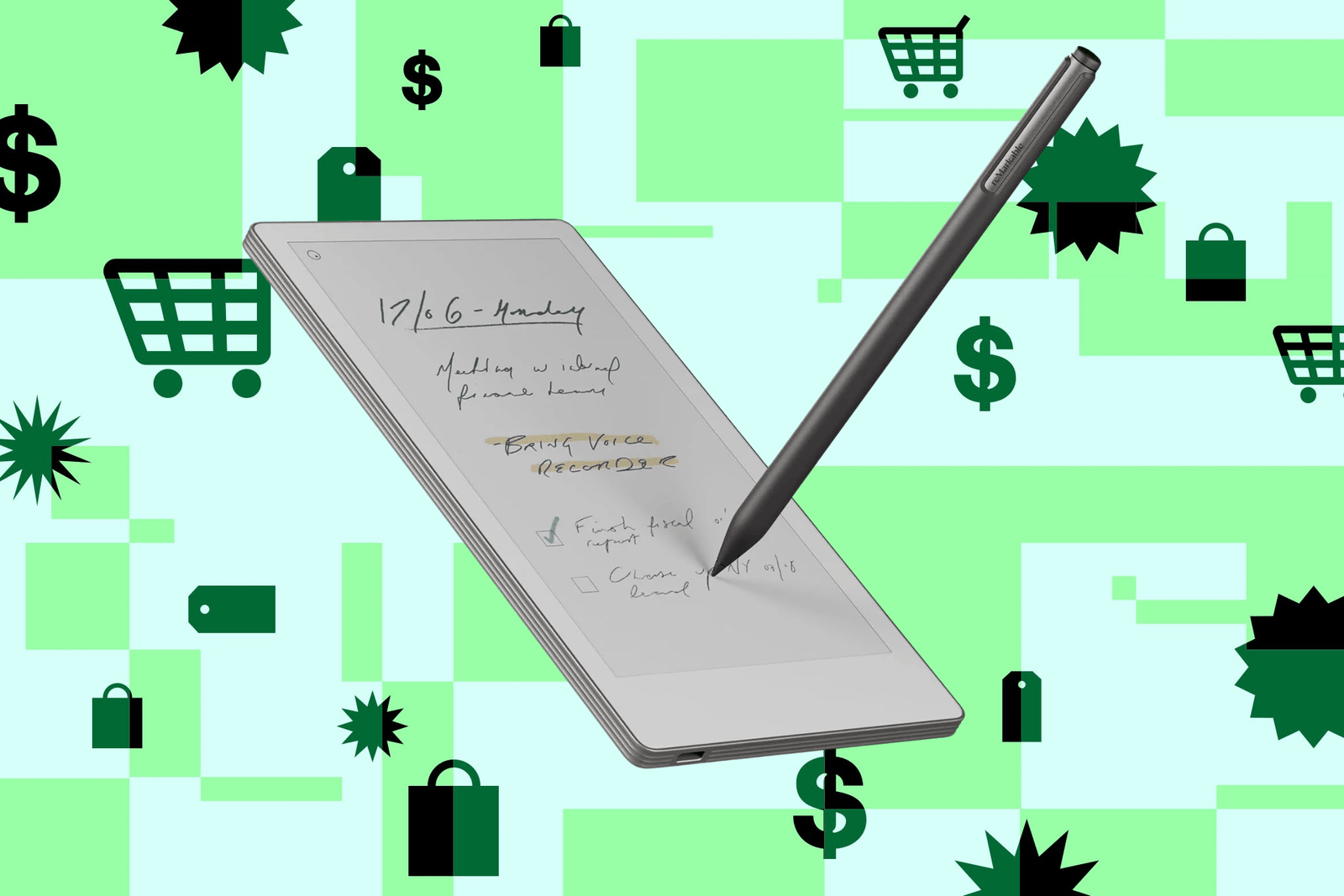 An image showing the Remarkable Paper Pro Move portable E Ink drawing tablet on a custom background showing shopping-related symbols.