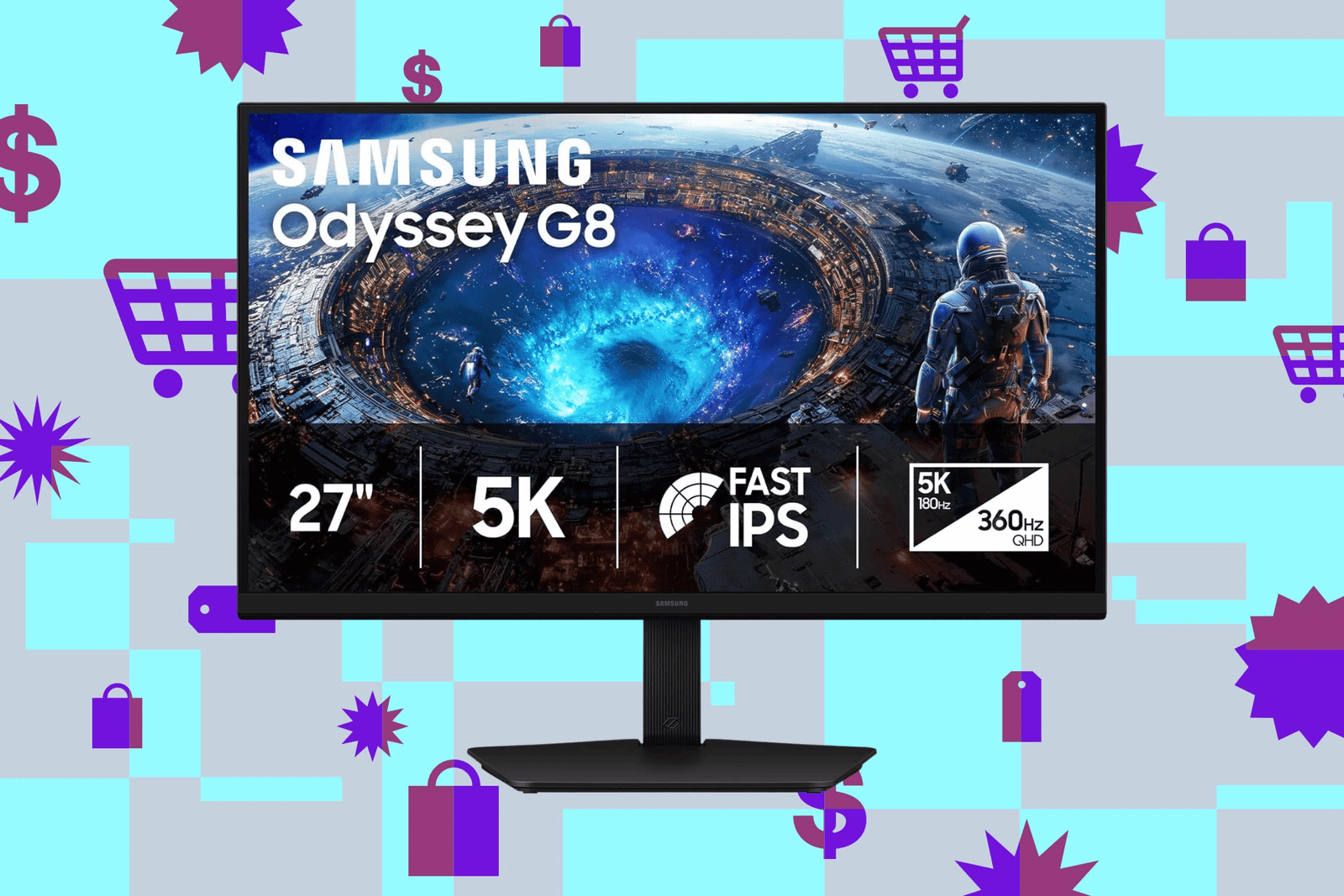 An image showing the Samsung Odyssey G80HF monitor on a background consisting of various colors, as well as symbols of shopping bags, US currency, price tags. The monitor shows an astronaut looking into a vast abyss on a space craft.