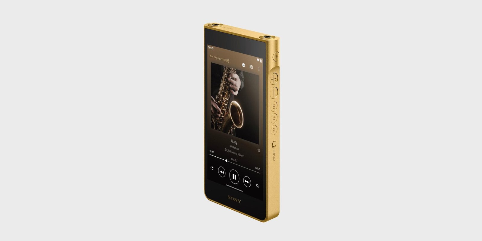A press render of the $5,900 gold-plated sony walkman on a plain gray background because there was no way we would ever be allowed to actually touch one of these things.